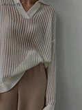 Yipinpay Casual Perspective Knitted Pullover Tops Women Lapel Loose White Blouses Autumn 2023 Casual Office Ladies Knitwear
