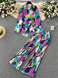 Yipinpay Autumn Print Suits Single Breasted Cardigan Bow Irregular Blouse+Pleated Wide Leg Long Pants Women Senior Vintage Sets
