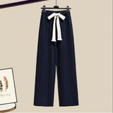 Yipinpay Women's Fashion Set 2024 Spring Autumn New Splicing Shirt+Elastic Waist Wide Leg Pants Two Piece Korean Chic Blouse Trouser Suit
