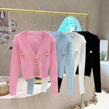 Yipinpay Sweaters for Women Gentle Slim Korean Clothes Cropped Pink Cardigan V-neck Metal Button Knitted Cardigan Jacket Sun Shirts