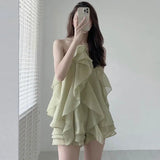 Yipinpay Dress Vintage Hanging Neck Layer Ruffle Sleeveless Sling Dress Short Sexy Green Chiffon Dresses Robe Vestidos Mujer Korean