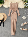 Yipinpay Women Autumn Knitted Dress V Neck Sexy Slim Elastic Oversized Basic Bodycon Long Dress Winter knit Warm Sweater Dresses