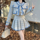 Yipinpay Fragrance Blue Tweed Coat Elegant Pink Tassel Jacket Short Pleated Skirts Woolen 2 Piece Sets Crop Blazers Tops Autumn