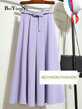 Yipinpay Women Vintage Suit Skirt With Belt Elegant Korean 2023 Casual Fashion Elastic Waist A-line Midi Skirts Office Ladies