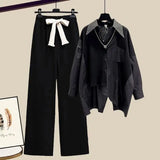 Yipinpay Women's Fashion Set 2024 Spring Autumn New Splicing Shirt+Elastic Waist Wide Leg Pants Two Piece Korean Chic Blouse Trouser Suit