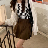 Yipinpay Brown Denim Skirt Women Vintage Cute Korean Style High Waist Pocket A-line Pleated Mini Skirt for Girls Preppy Casual