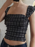 Yipinpay MO Plaid Square Collar Sexy Backless Bustier Corset Crop Tops Women Sleeveless Top Cropped Club Fashion Outfit