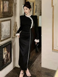 Yipinpay Dresses Women Stand Collar Lace Patchwork Split Long Sleeve Slim Vintage Elegant Dress Slim Elegant Dress Ladies