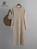 Yipinpay Autumn Skinny Knitted Dress Female O Neck Split Outerwear Fashion Korean Style Office Lady Solid Slim Sweater Dress