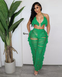 Yipinpay Women's Sexy Solid Color Fringe Knitted Halter Cup Cover And Cutout Trousers Two-Piece Set Summer Fashion Trend Trouser Suit