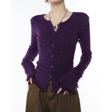 yipinpay Women Purple Cardigan Sweater Short Outerwear Round Neck Fashion Vintage Leisure Lazy Winter Knitting Single Breasting Coat