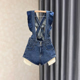 Yipinpay Size Denim Strap Shorts Women's Summer High Waisted A-line Jumpsuit Pants Sweet Ruffled Edge Short Jeans Size S-5XL