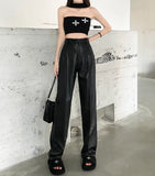 Yipinpay Waist Straight Loose Casual Wide Leg Black Leather Pants Trousers Y2k Pant Pantalones De Mujer PU Streetwear Sexy 2023 Fall