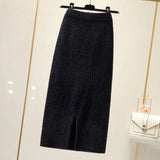 Yipinpay velvet skirt female autumn and winter mid-length knitted one-step skirt split straight winter skirt casual solid long skirt