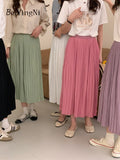 yipinpay Summer Pleated Midi Skirt Women Solid Color Elegant Lining A-line Long Faldas Female Slim Chic Cute High Waist Skirts