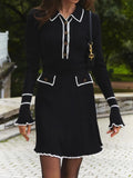 Yipinpay Lapel Contrast Mini Dress Ladies High Waist Autumn Ribbed Patchwork Long Sleeve Dress Fashion Elegant Ruffled Knit Dress