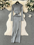 Yipinpay Streetwear Knit Split Dress O Neck Long Sleeves Slim Fit France Elegent Ladies Autumn Evening Party Bodycon Long Dress