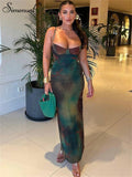 Yipinpay Simenual Vintage Printed Spaghetti Strap Maxi Dress Lady Elegant Chic Backless Package Hip Dresses Sexy Prom Party Vestido Slim