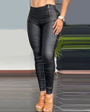 Yipinpay Lace Patch Zipper Design PU Leather Skinny Pants women pants new trousers high waist elegant Long pants female