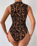 Yipinpay New Sexy Bodysuit Women Tribal Pattern Flocked Sleeveless Tops Bodysuit Vintage Casual Mock Neck Skinny Female Slim Rompers