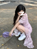 Yipinpay Summer Short Sleeve Fairy Floral Dress Woman Beach Party One Piece Dress Korean Style French Elegant Midi Dress Casual Chic