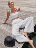 Yipinpay Cotton Linen Women Summer Outfit Sleeveless Crop Top And Palazzo Pants 2 Piece Set Female Midriff Top Pants Suits