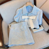 Yipinpay Puff Short Sleeve Cardigan Blue Plaid Shirts Tweed Coat Wrap Hip Skirts Women Two Peice Sets Crop Tops Suits