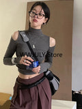 Yipinpay Vintage Solid Turtleneck T Shirts Women Gothic Sexy Slim Crop Tops Elegant Hollow Out Long Sleeve Bottoming Tees 2024 Autumn