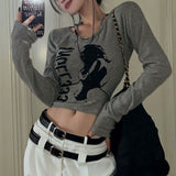 Yipinpay Grunge Y2k Women's T-shirt Vintage Printed O-Neck Patchwork Slim Long Sleeve Top Kpop Fashion Graphic T Shirt Streetwear