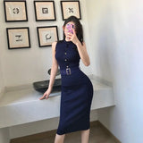 Yipinpay Temperament Sexy Slim Single-breasted O Sleeveless Stretch Knitted Bag Hip Dress Women Split Mini Fashion Bottom Wild Autumn