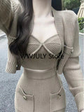 Yipinpay Knitted 3 Piece Set Woman Fashion Suit Casual Sweater Cardigan + Sexy Vest + Slim Bodycon Midi Skirt Office Lady 2024