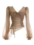 Yipinpay Mesh Blouse for Women V Neck Long Sleeve Pleated Slim Chic Tops New Elegant Fashion Office Ladies Irregu Vintage Tops