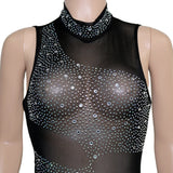 Yipinpay Shiny Sexy Diamond Dress Round Neck Long Sleeves Elegant Mesh Rhinestone Dress Gorgeous Party Dresses For Women