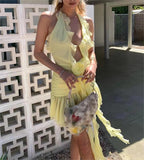 Yipinpay Sexy Women Sleeveless Halterneck Dress Summer Ruffled Flower Ruched Cocktail Party Dress With Tassels For Club Streetwear