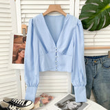 Yipinpay Women Blusas Casual Long Sleeve Elegant Sexy V-neck Blouses Ladies Buttons Crop Top Female Slim Fashion White Shirts