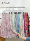 Yipinpay Korean Fashion Midi Skirt Women Vintage Floral Print High Waist Pleated Skirts 2023 Spring Summer Chic A-line Faldas