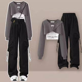 Yipinpay Women's Tracksuit Suit 2024 Autumn New Fashion Short Sweater+Strap+Cargo Pants Three Piece Korean Elegant Matching Set