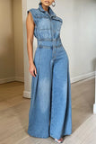 Yipinpay Women's Denim Romper Spring Summer Sleeveless Lapel Loose Comfortable Solid Color Ladies One-Piece Wide Leg Pants