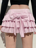 Yipinpay New Pink Casual Sweet Solid Bow A-Line Skirt with Skirt Slim Low-Waisted Mini Skirts Women Fashion Streetwear Ladies Chic