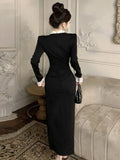Yipinpay Dresses Women Stand Collar Lace Patchwork Split Long Sleeve Slim Vintage Elegant Dress Slim Elegant Dress Ladies