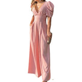 Yipinpay High Waist Loose Solid Color Summer Short Sleeve Slim Fit Splicing Casual Jumpsuit