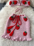 Yipinpay Summer Knitted Beach Two Pieces Sets 2024 Sleeveless Strap Top+Mini Skirt Sets Strawberry Sweet Ruffles Vacation Suits
