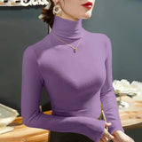 Yipinpay Fashion Autumn Winter Female Turtleneck Fleece Stretch Shirt Women Long Sleeve T-shirt Warm Basic Pullover Bottoming Tops