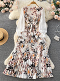 Yipinpay Ethnic Style Print Dress Women Spring New Fashion Puff Sleeve Lace-up Design Sheath 2024 Retro A-Line Long Dress