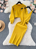 Yipinpay Winter Beading Knitted Suits Women Loose Long Sleeve Beading Pullover+ Midi Dress Fashion Warm Sweater Two Piece Sets