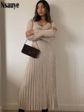 yipinpay Knitted Dresses For Women 2023 Autumn Winter Elegant Pleated Long Dresses Long Sleeve V Neck Casual Slim White Maxi Dress