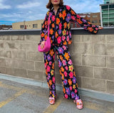 Yipinpay Women Casual 2 Pcs Clothes Set Flower Abstract Pattern Print Lapel Buttons Long Sleeve Shirts Tops With Loose Long Pants New