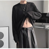 Yipinpay T Shirts for Men 3d Folds O-Neck Loose Long Sleeve Spring Korean Fashion T Shirt Oversized All-match Tops Men Clothing