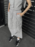 Yipinpay Street Style Women Cargo Skirts Suits Gray Tank Sleeveless Shirts And A-Line Skirts Two Pieces Sets Summer 2023 Lady