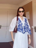 Yipinpay Flower Embroidered Shirts For Women 2024 Summer Loose Batwing Sleeve Blouse Female Holiday Street Lady Chic Beach Tops